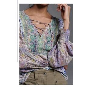Anthropologie Floral Boho Cottagecore Embroidered Peasant Poetcore Top sz S